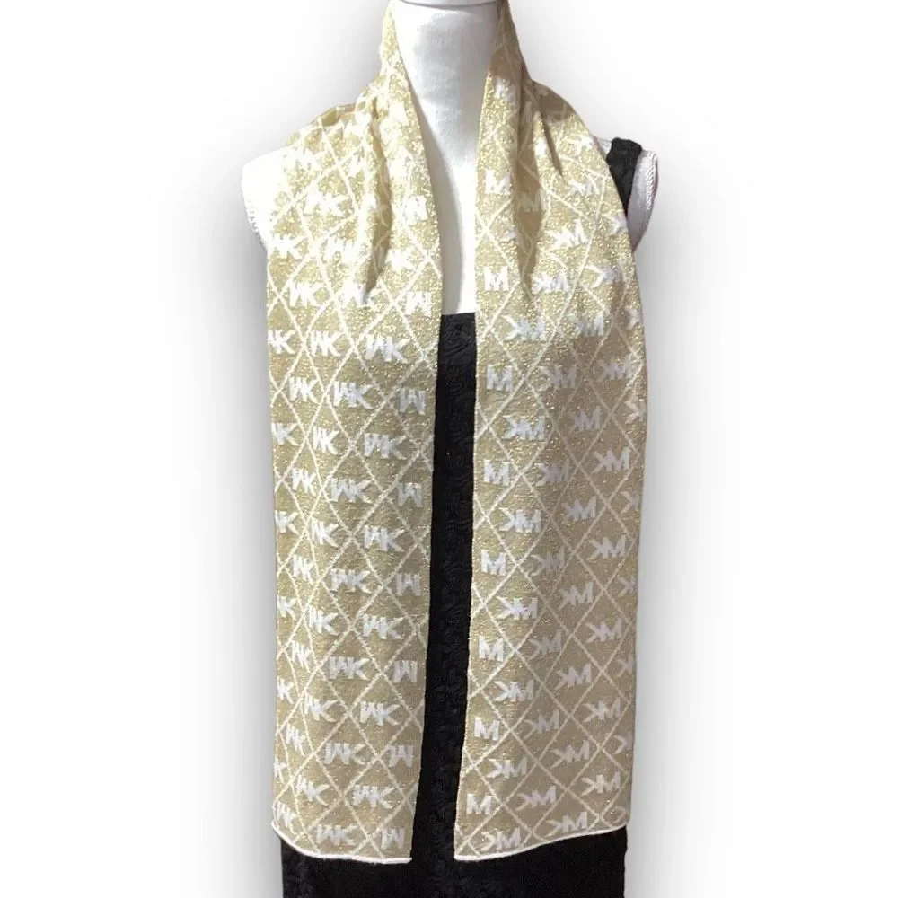 MICHAEL Michael Kors Signature Logo Sparkly Glittery Gold & Cream Colored Scarf